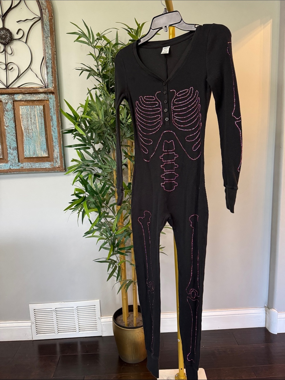 PINK Victoria's Secret  thermal sleep onesie Blinged skeleton pajama Jumpsuit